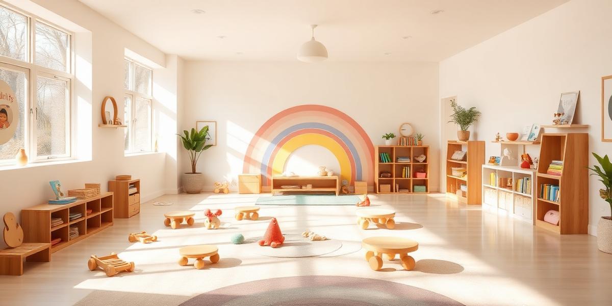 La stanza terapia di Giraluna con giochi in legno e un arcobaleno pastello sul muro